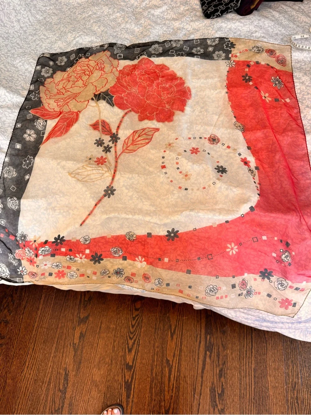 Floral Print Women's Scarf in Black, Cream & Coral.
